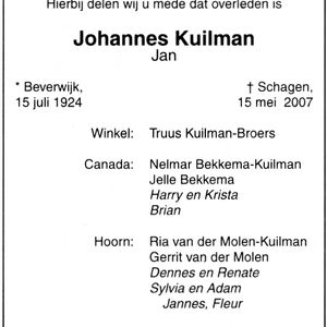 Overlijdensadvertentie uit de Schager Courant. Ontvangen van de heer A. Mettau via www.onlinefamilieberichten.nl
