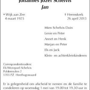 Overlijdensadvertentie Jan Schelvis. Bron: Noord-Hollands dagblad