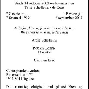 Overlijdensadvertentie Adriaan Schelvis. Bron: Noord-Hollands dagblad