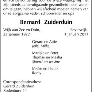 Overlijdens advertentie Bernard Zuiderduin. Bron Noord-Hollands Dagblad HDC-Media.