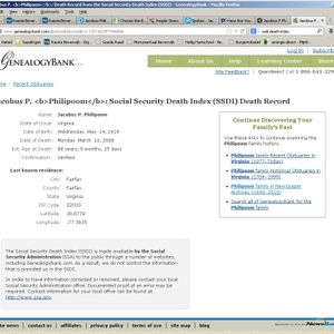 Gegevens uit de Social Security Death Index (SSDI). Bron: www.genealogybank.com