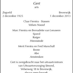 Overlijdensbericht Gert Fierstra. Bron: www.online-familieberichten.nl,