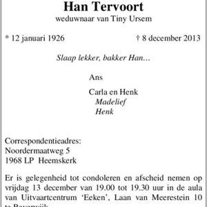 Overlijdens advertentie Han Tervoort. Bron Noord-Hollands Dagblad HDC-Media.