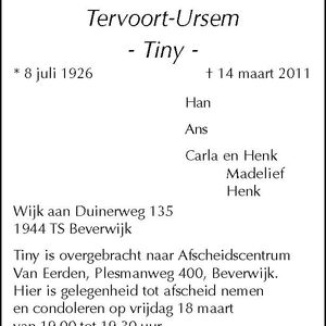 Overlijdens advertentie Tiny Ursem. Bron Noord-Hollands Dagblad HDC-Media.
