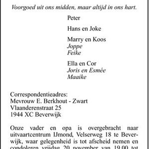 Overlijdens advertentie Gerard Zwart. Bron Noord-Hollands Dagblad HDC-Media.