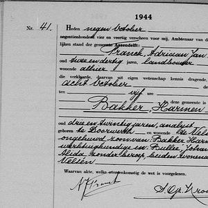 Overlijdensakte nr 41 van 9 oktober 1944 gemeente Assendelft .