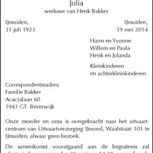 Overlijdensbericht van Julia Schachtschabel, de vrouw van Henk. Bron NHD.