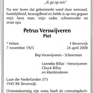 Overlijdensbericht Piet Verswijveren bron NHD/Familieberichten on-line.nl