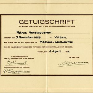 Getuigschrift Nijverheidsavondschool te Velsen van donderdag 6 april 1944