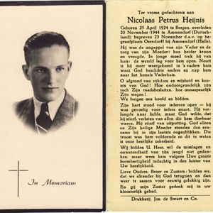 Bidprentje van Nico Heijnis. Beschikbaar gesteld door mevr. Tiny Teeling.