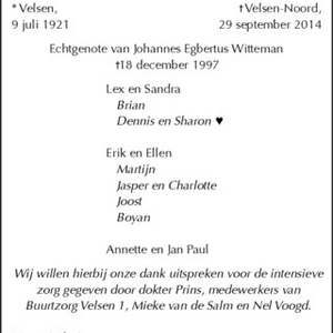 Overlijdensbericht mevr Witteman-Lamers. Bron Noord-Hollands Dagblad.