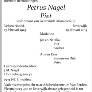 Overlijdensbericht Piet Nagel. Bron: Noord-Hollandsdagblad 3 februari 2015.