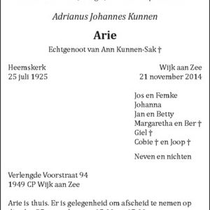 Overlijdensbericht Arie Kunnen. Bron: Noord-Hollandsdagblad..