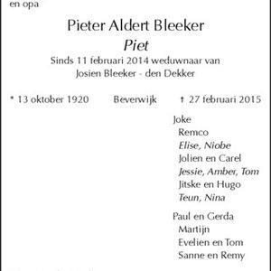 Overlijdensbericht Piet Bleeker. Bron: Noord-Hollandsdagblad 3 maart 2015