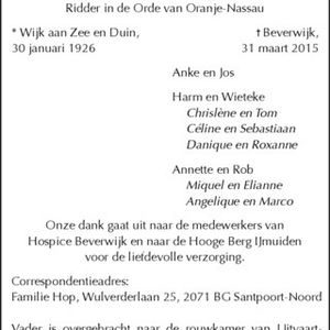 Overlijdensbericht Berend Hop. Bron: Noord-Hollandsdagblad 2 april 2015.