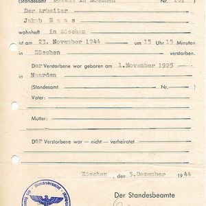 Sterbeurkunde van Jacob (Joep) Baas. Bron: Jan van der Linden