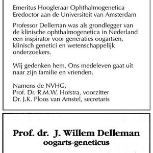 Overlijdensbericht Prof. Dr. J.W. Delleman. Bron www.online-familieberichten.nl