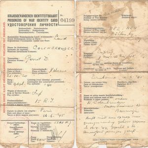 Krijgsgevangenen ID-kaart van Dirk Colenbrander. Bron: Mevrouw M. Colenbrander-Kok.