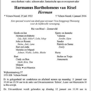 Overlijdensbericht Herman van Rixel. Bron: NHD