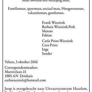Overlijdensbericht Joop Weenink. Bron: NHD 7 oktober 2016.