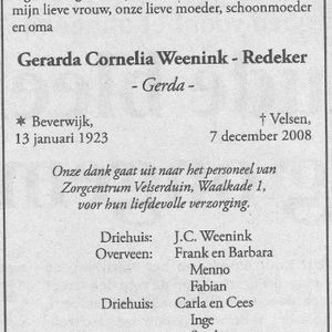 Overlijdensbericht echtgenote Joop Weenink. Bron: online-familieberichten.nl