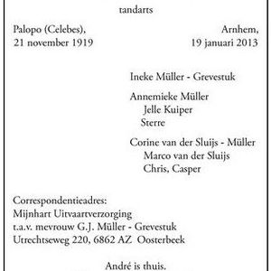Overlijdensbericht Andreas Müller. Bron: De Gelderlander/www.online-familieberichten.nl