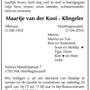 Overlijdensbericht echtgenote Menne van der Kooi. Bron: Noord-Hollands Dagblad 23 april 2010.