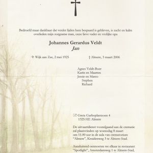 Rouwcirculaire Jan Veldt