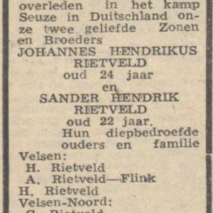 Overlijdensadvertentie uit Het Parool van 7 februari 1947.