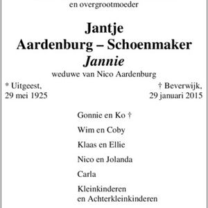 Overlijdensbericht Jannie Aardenburg-Schoenmaker. Bron www.online-familieberichten.nl
