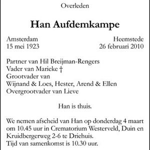 Overlijdensbericht Han Aufdemkampe. Bron www.online-familieberichten.nl