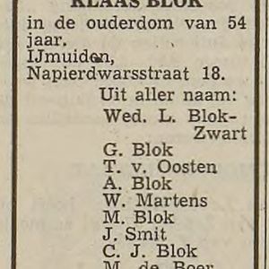Overlijdensadvertentie Klaas Blok IJmuider Courant 19 juli 1949.