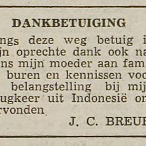 Dankbetuiging na thuiskomst. IJmuider Courant 15 maart 1950.