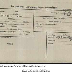 Registratiekaart Kamp Amersfoort. Document 14998_1 van ITS Bad Arolsen
