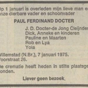 Overlijdensbericht Paul Docter. Bron NRC Handelsblad 7 januari 1975.