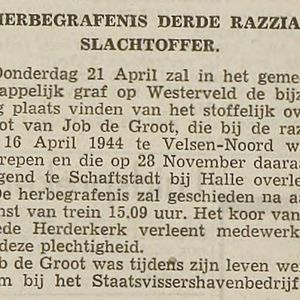 De aankondiging van de herbegrafenis van Job. IJmuider Courant 19 april 1949.