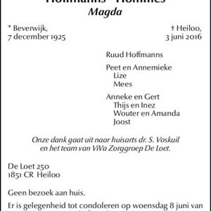 Overlijdensadvertentie mevr M.E. Hoffmanns-Hommes. Bron NHD 3 juni 2016