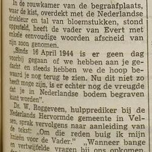Herbegrafenis Evert Kort. Bron IJmuider Courant 24 augustus 1950.