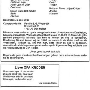 overlijdensadvertenties Hendrik Kröder. Bron online-familieberichten.nl