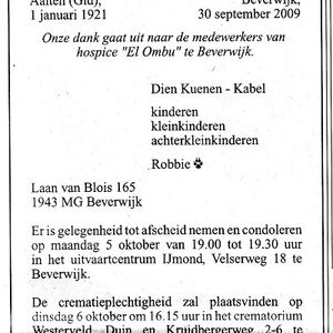 Overlijdensadvertentie Willem Kuenen. Bron www.online-familieberichten.nl