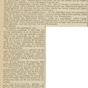 Onthulling monument voor de medewerkers van de NS werkplaats. Bron Haarlems Dagblad 28-02-1948.