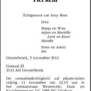 Overlijdensadvertentie Piet Rem