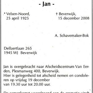 Overlijdensbericht Jan Schavemaker. Bron: online-familieberichten.nl