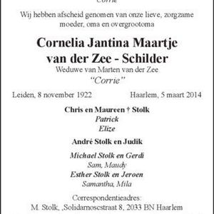 Overlijdensbericht Corrie Schilder. Bron: online-familieberichten.nl