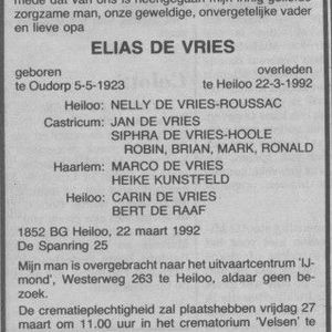 Overlijdensbericht Elias de Vries. Bron www.onlinefamilieberichten.nl