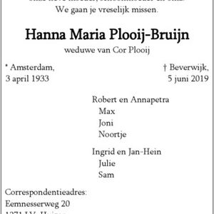 Overlijdensbericht Hanna Bruijn. Bron NHD 13 juni 2019.