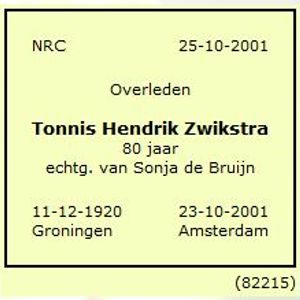 Overlijden Tonnis Zwikstra. Bron online-familieberichten.nl