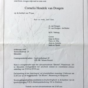 Overlijdensbericht C.H. van Dongen. Bron: A. van Dongen.