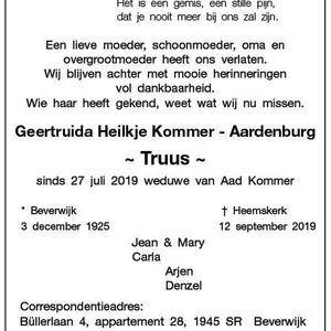 Overlijdensbericht GH Kommer - Aardenburg. Bron: Heemskerkse Courant 26-09-2019.
