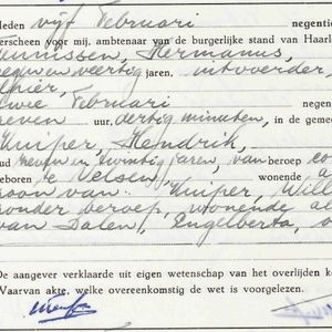 Overlijdensakte Henk Kuiper, zijn beroep was Correspondent.